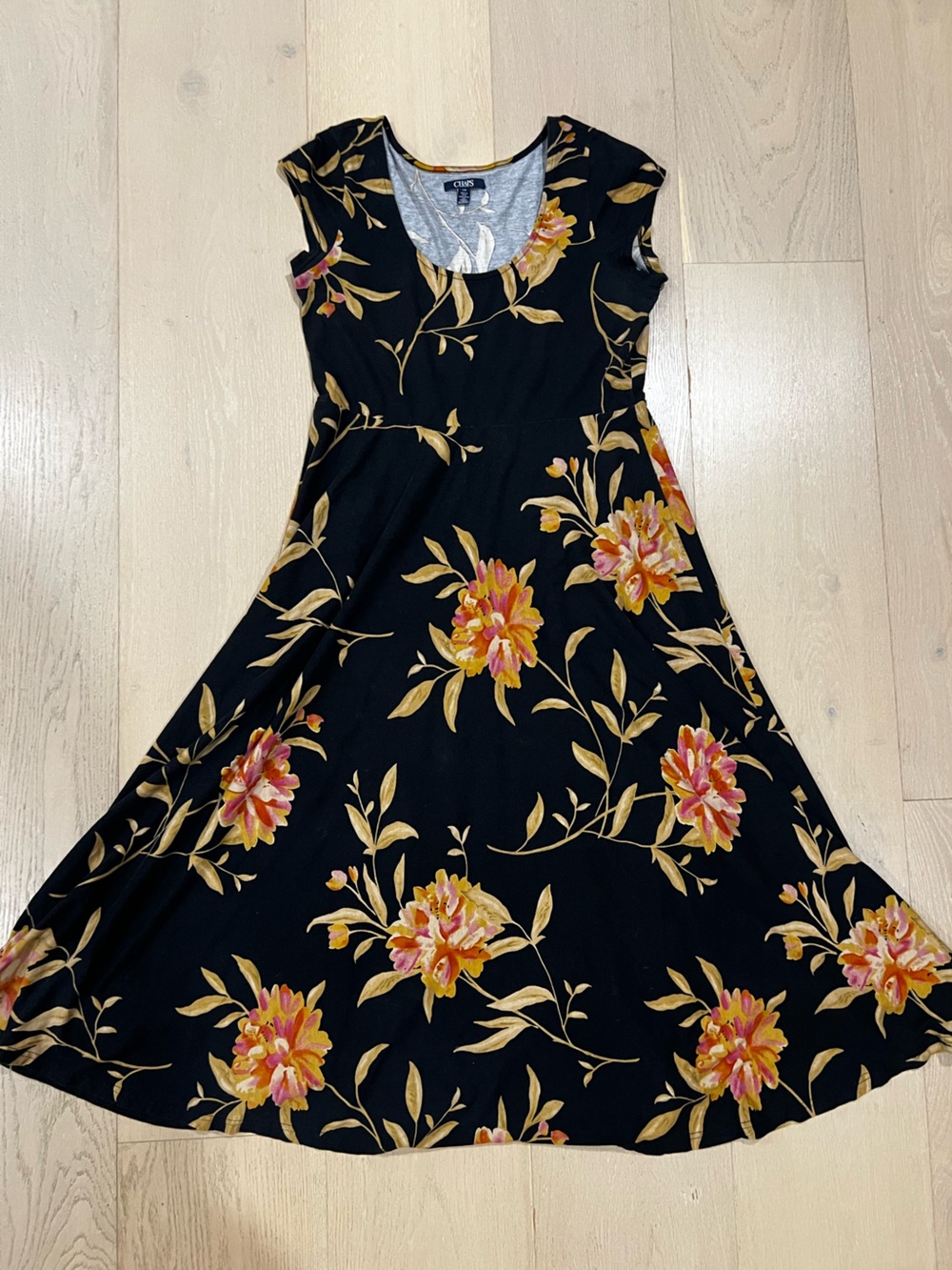 Chaps Cottagecore Floral A-Line Short Sleeve Dress Black, Gold/Orange,Pink Large
